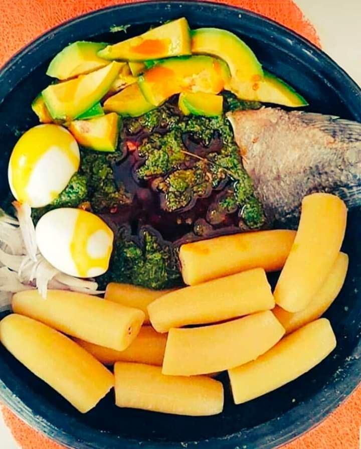 Plantain/Yam with palava sauce/Garden eggs sauce/Abom/any red oil sauce with Chunk tuna/friedfish/eggs