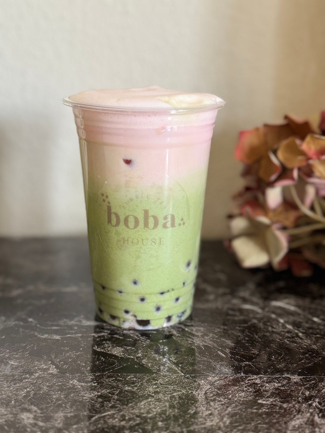 Rose Matcha latte with boba 