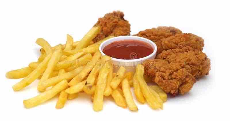 Fries with 2 pieces of fried chicken 