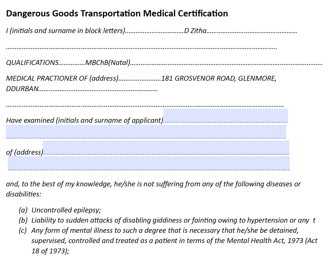 Dangerous Goods Medical Certificate