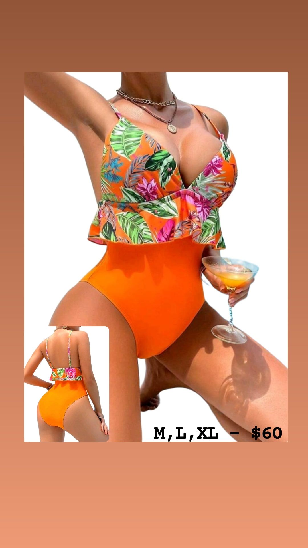 Orange Tropical One Piece with Frill