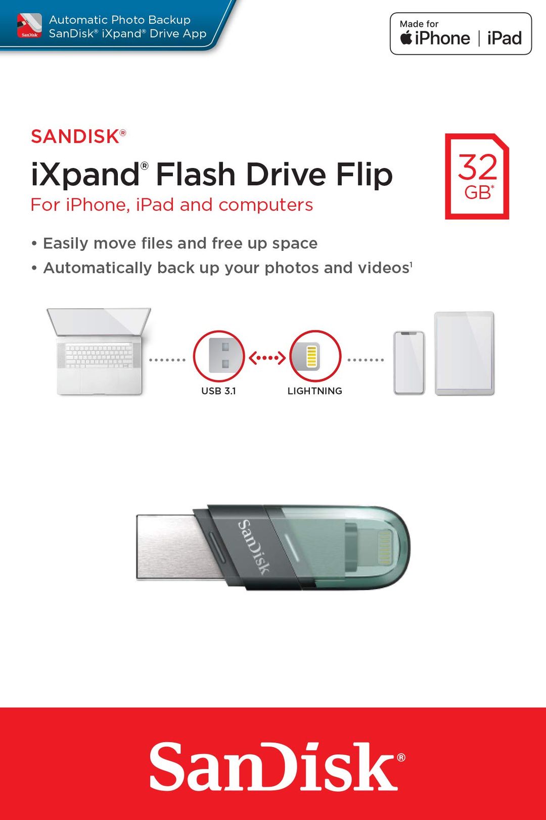 SanDisk iXpand 32GB Flash Drive Flip for iPhone, iPad and Computers