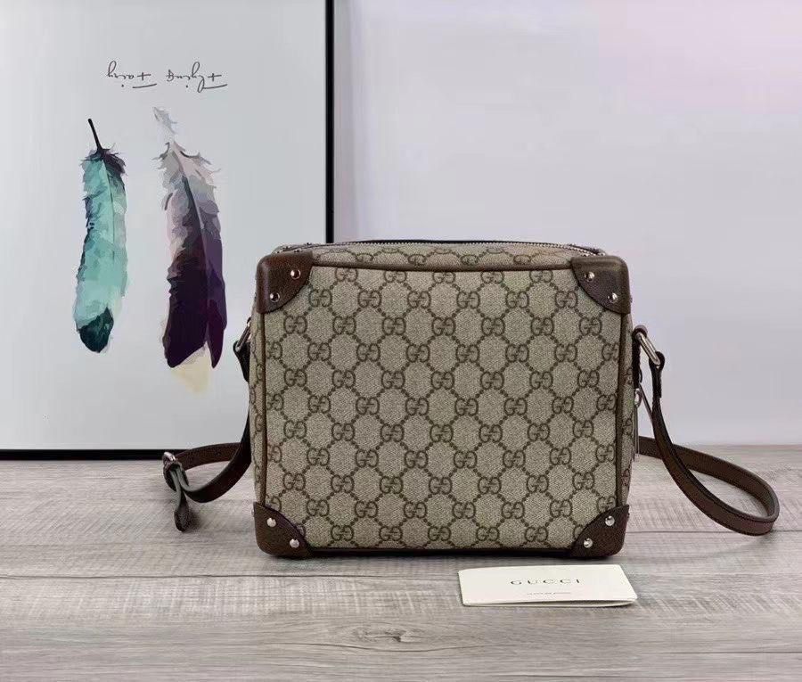 GUCCI Brown/Beige GG Supreme Canvas and Leather Square Messenger Bag