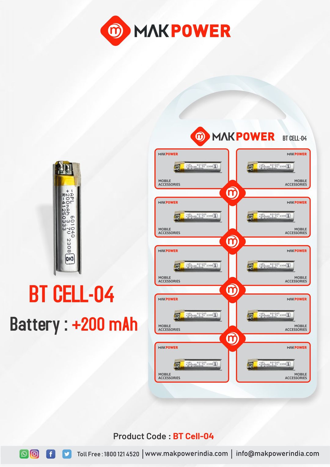 Mak Power BT Neckband Battery +200mAh (Set of 10)