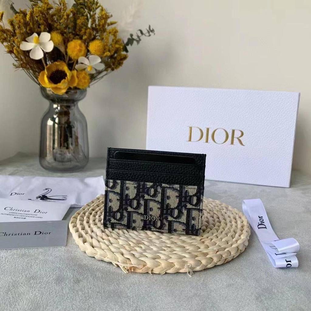 DIOR Card Holder Beige and Black Oblique Jacquard with Black Grained Calfskin