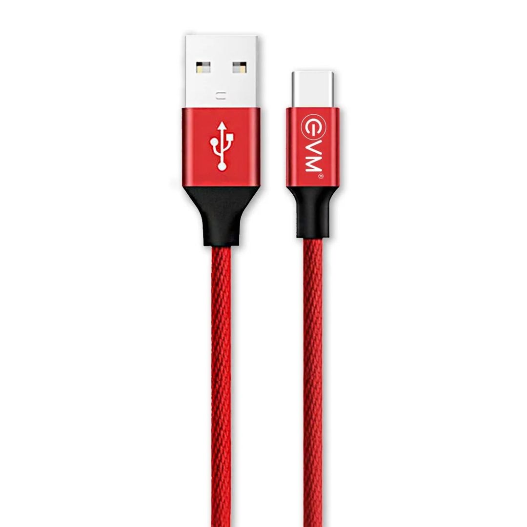 EVM Type-C 1.2 Meter Data Cable (Metal Head Nylon Braided Cable) Red Color