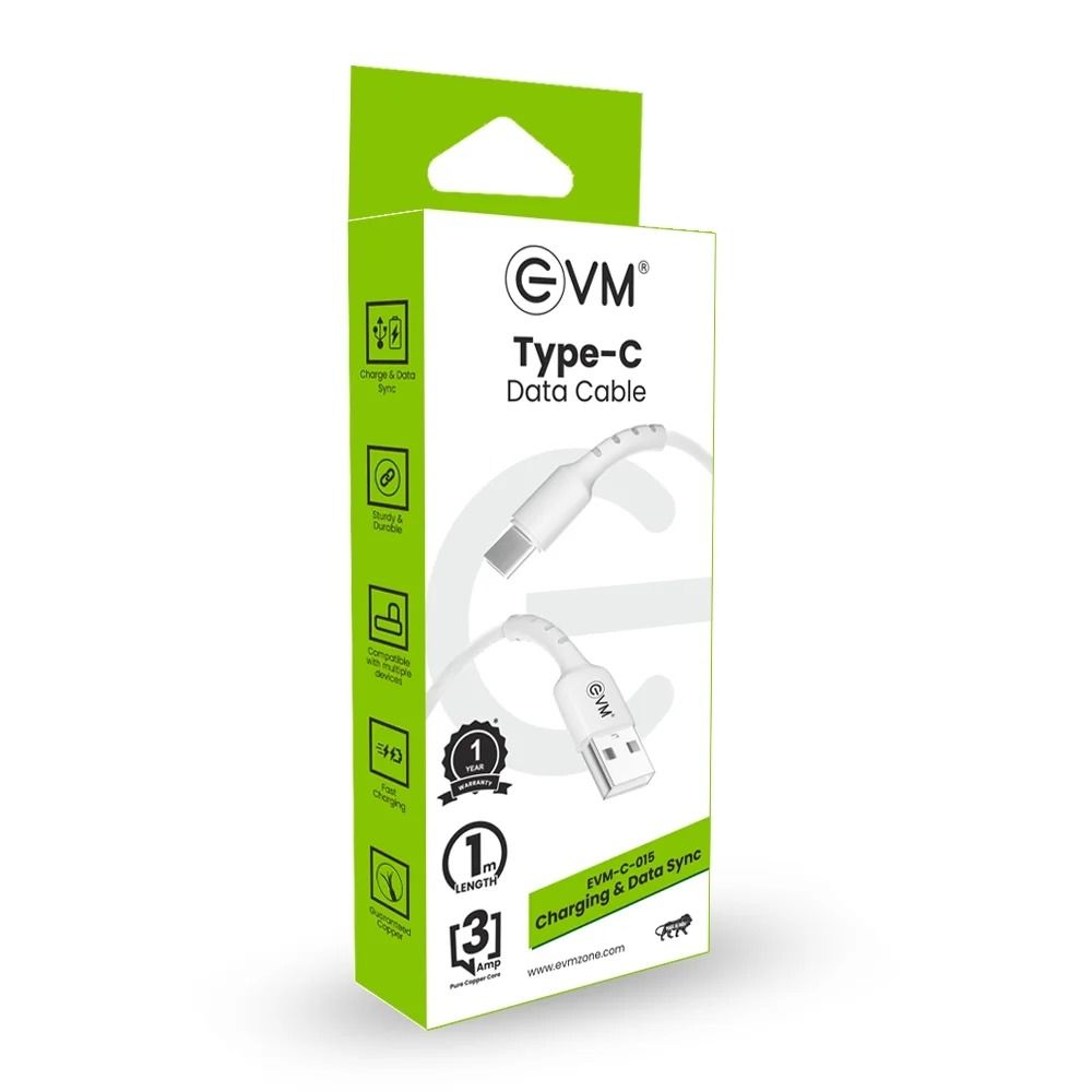 EVM Type-C Data & Sync Cable EVM-C-015(1 Meter, 3 Amp) White