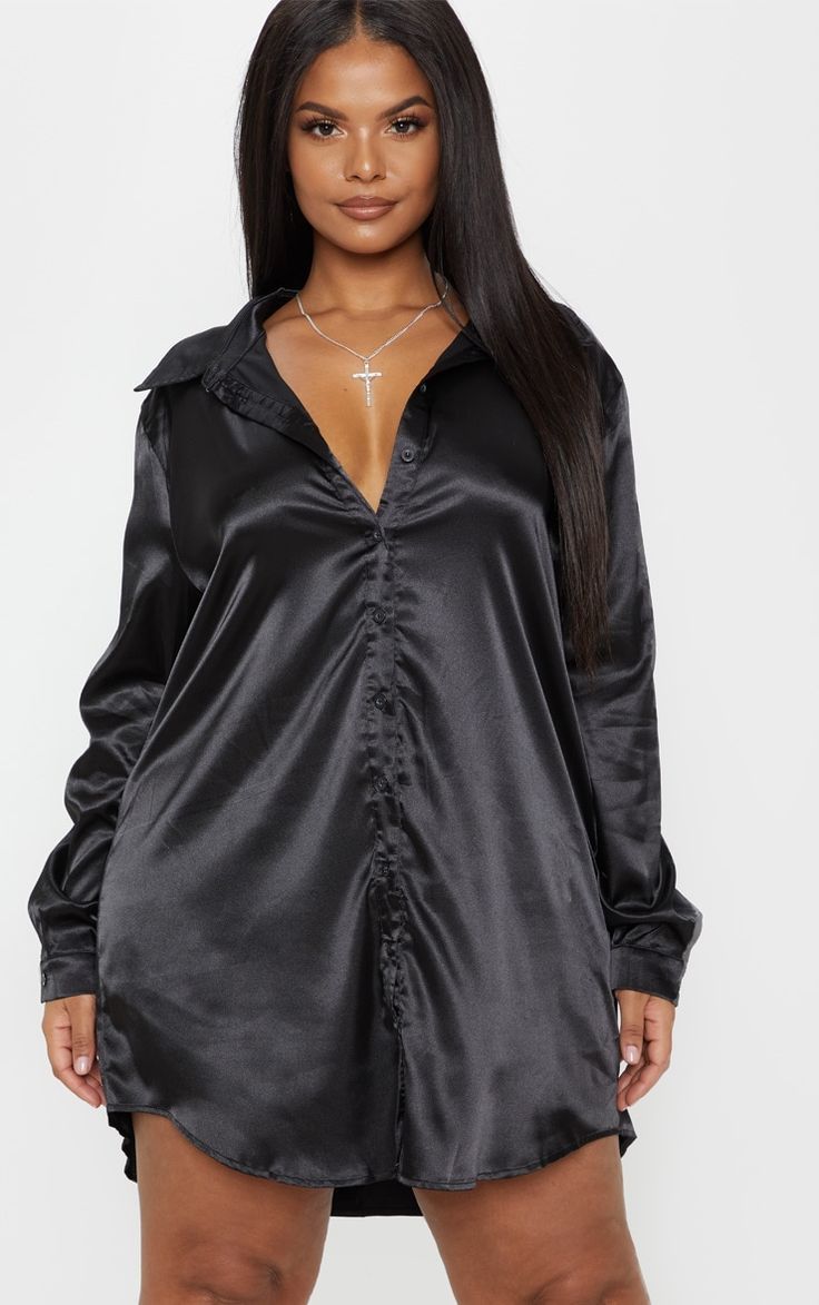 Robe noir Satin Button Front Shirt Dress 
