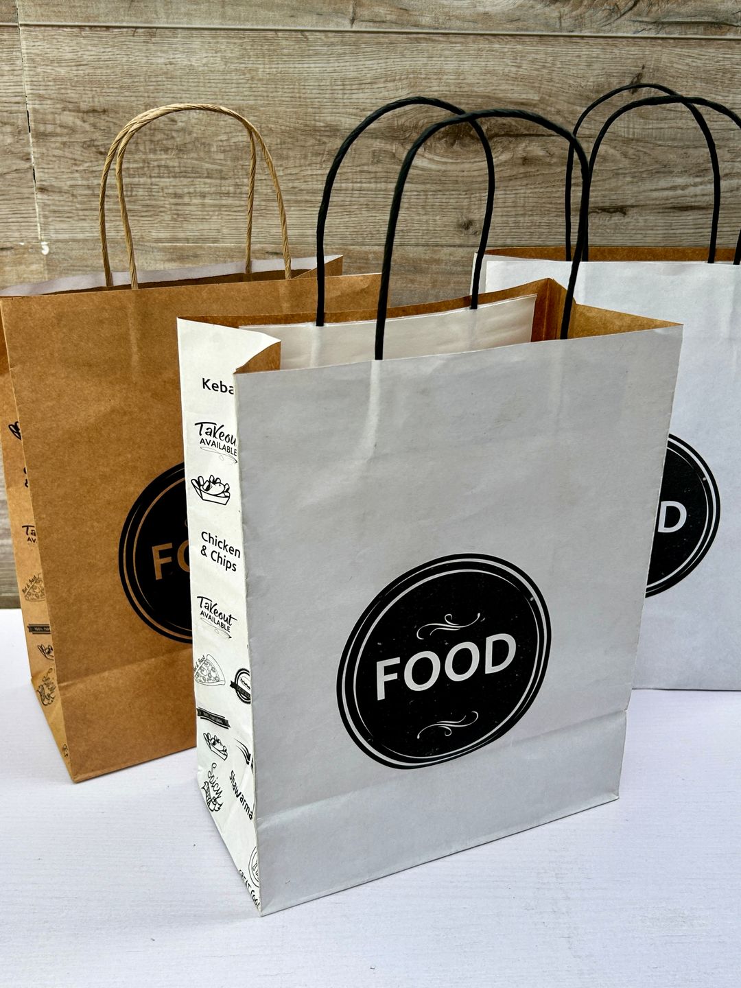 “FOOD” WHITE DELIVERY TAKEOUT BAGS  (WITH TWIST HANDLES) 