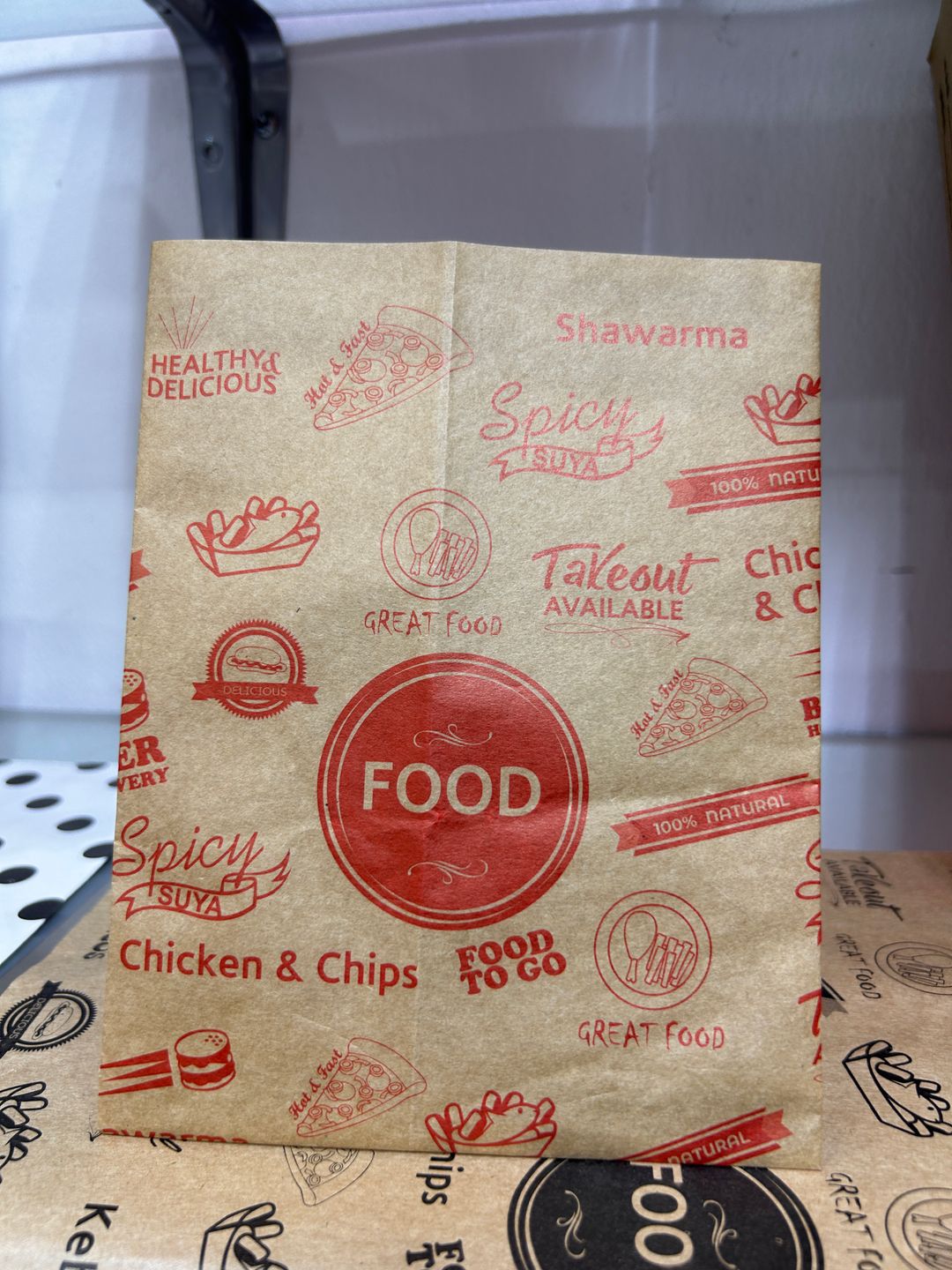 “FOOD TO GO” DELI TAKEOUT BAGS - RED & BROWN