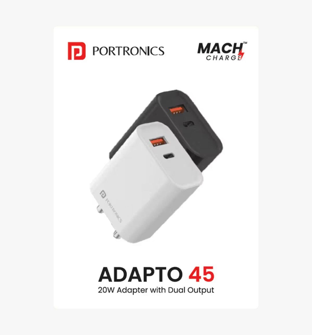 Portronics Adapto 45 20W Mach USB&Type-C Dual Output Super Fast Charger - Assorted Color