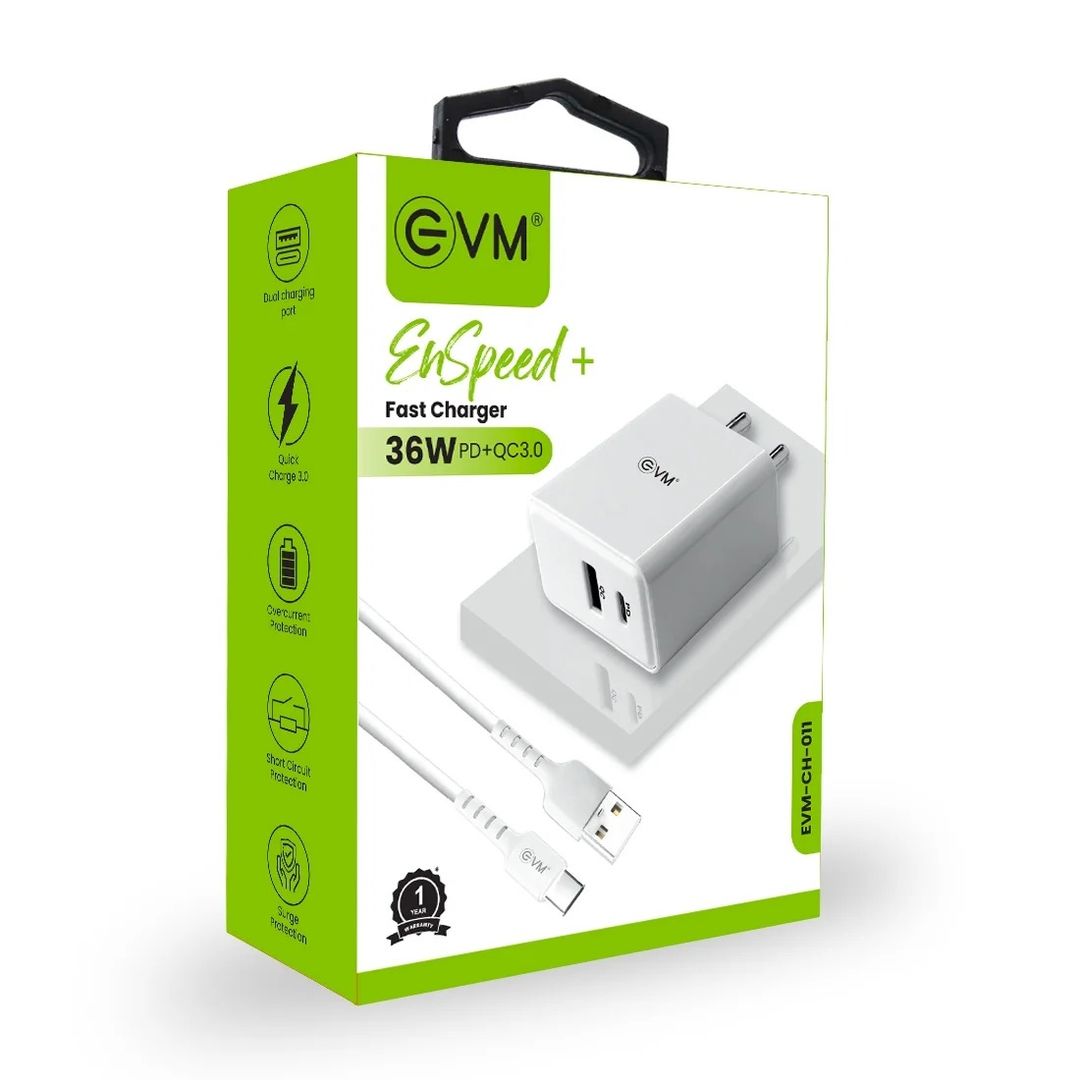 EVM EnSpeed+ 36W PD+QC 3.0 Fast Charging Travel Adapter with Type-C Cable