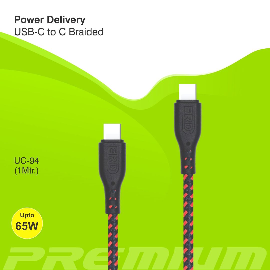 ERD UC-94 Type-C TO C Braided Cable Fast Charging upto 65W - Grey & Black