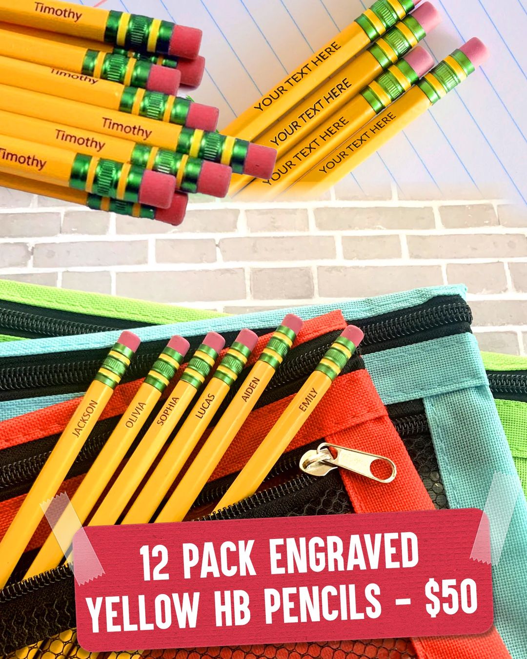 12 Pack Engraved Yellow HB Pencils