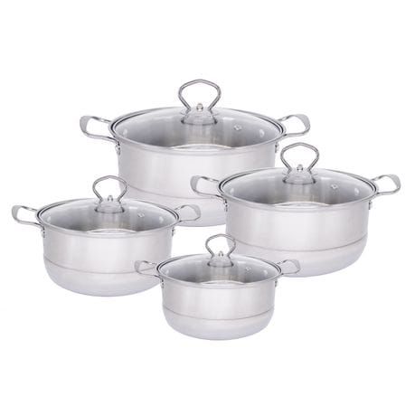 J 4228. 4 Pot Set with Glass Lids. Condere 8pcs Stainless Steel Pot Set.