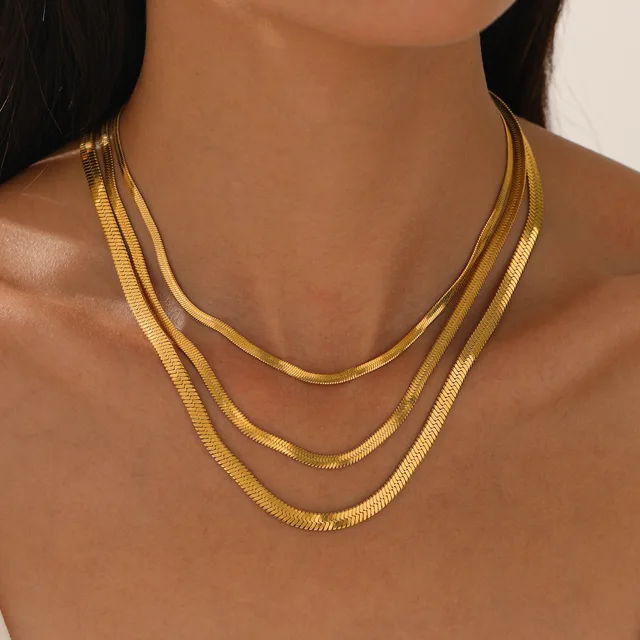 18K Gold Plated Stainless Steel Plated Flat Snake Chain Herringbone Necklace for Women Hip Hop Thin Chunky Chain Necklace Gift