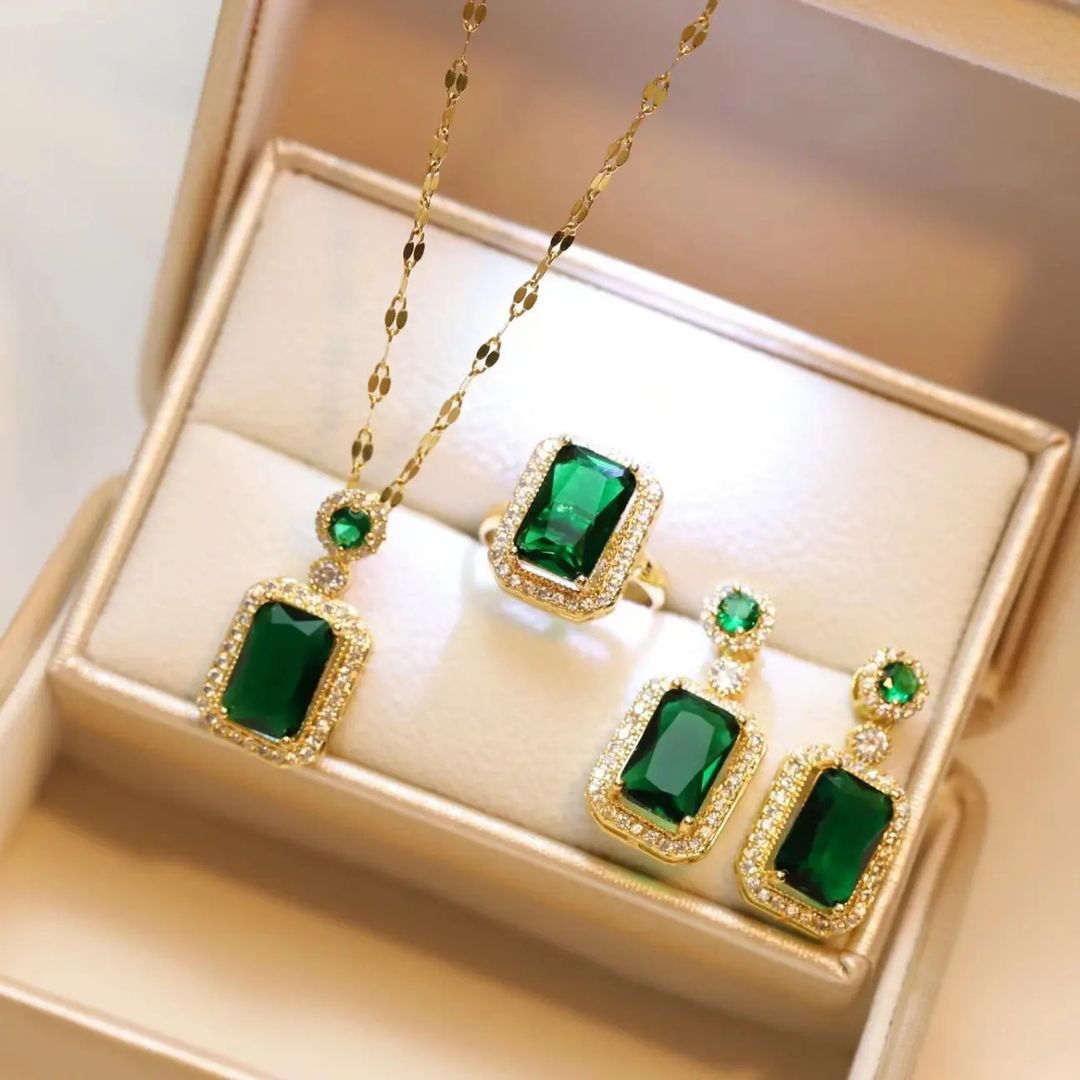 3 Pcs Set Emerald Ruby Diamond Rectangle Earrings Necklace Adjustable Ring Jewelry Set Wedding