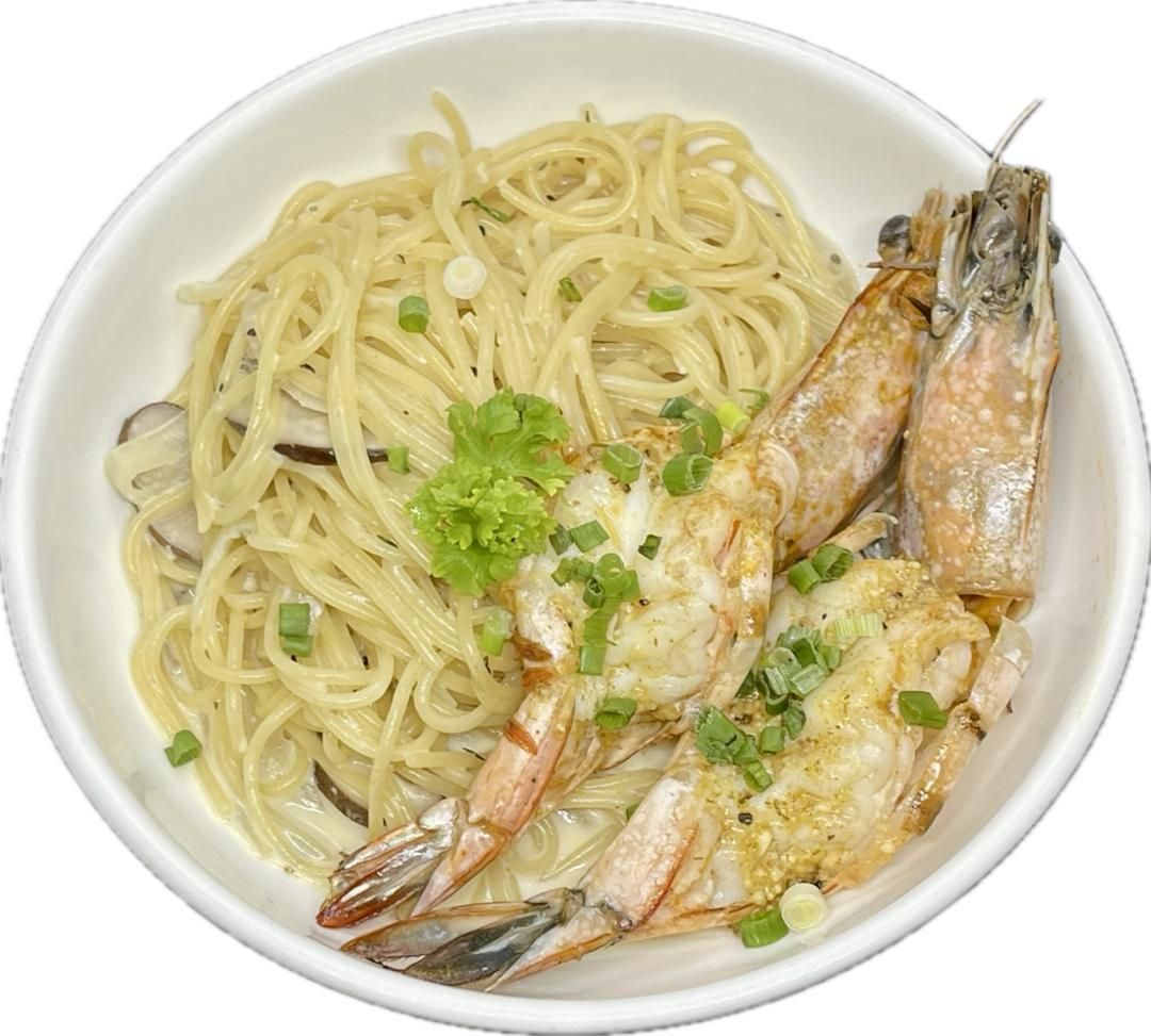 Carbonara Pasta - Pan Fried King Prawn