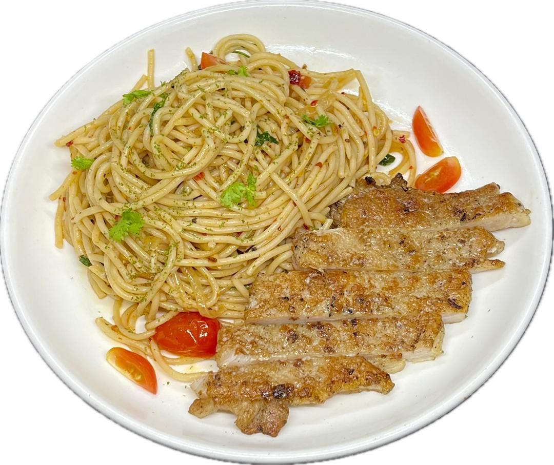 Aglio Olio Pasta - Grilled Pork Chop