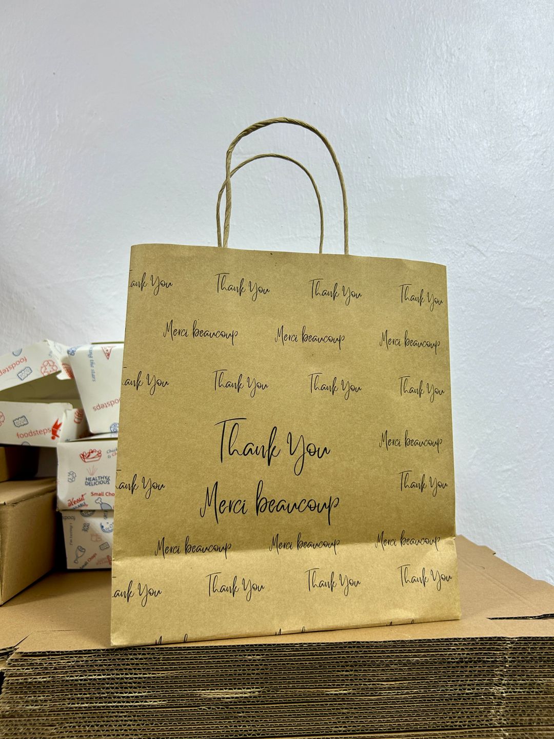 “THANK YOU” KRAFT DELIVERY CARRIER BAGS - 12” x 10” x 5”  ( WITH HANDLES ) 