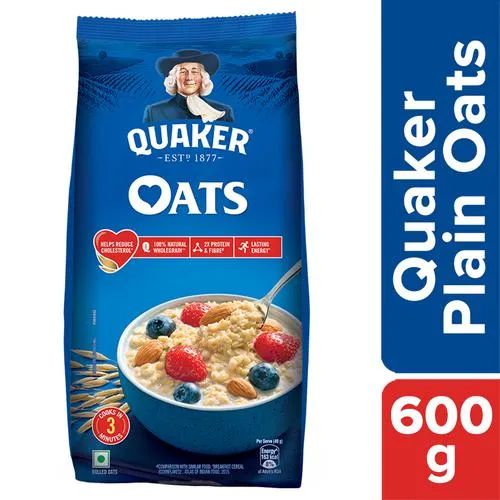 Quaker Oats -Whole Grain, Breakfast Cereal, Rich In Fibre & Calcium, Good For Heart, 600 g Pouch