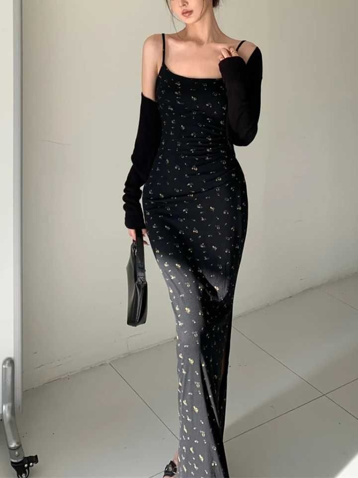 Black floral printed high quality bodycon