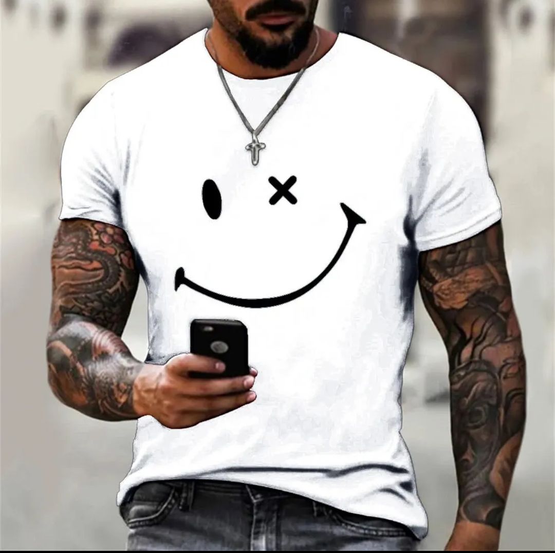 Solid colour men T-Shit for men new trendy Summer fashion simple 3D funny Smiley face print lose short Sleeve Tops T shirt 