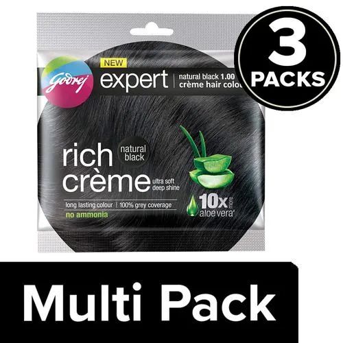 Godrej Rich Creme Hair Colour - Natural Black No.1, 3x(20 gm + 20 ml) (Multipack)
