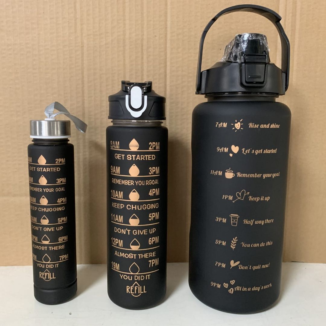 Black themed motivational water bottles 3pcs set