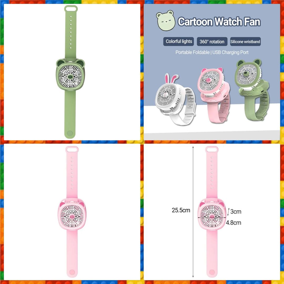 *Watch Fan Cartoon with Wrist Strap Rechargeable 3 Levels Adjustable Handheld Fan  