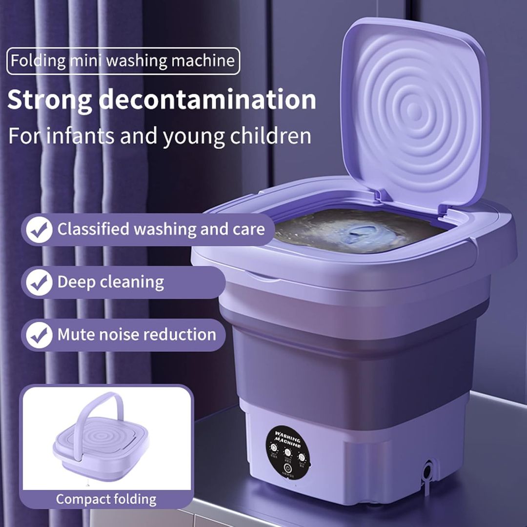 8L Portable Washing Machine,Folding Mini Washer Machine with Blue Light Drain Basket,3 Levels Timing Vibration Wave Foldable Laundry Bucket for Camping, Travel Purple