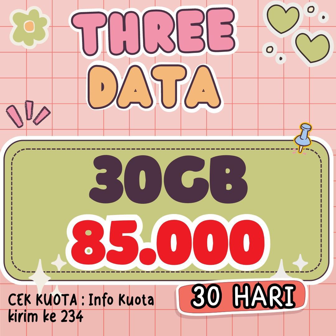 Paket data three 30GB 30HR