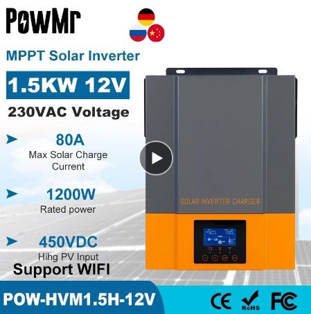 PowMr Hybrid Pure Sine Solar Inverter 1500W 12V with Built in 80A MPPT Solar Controller