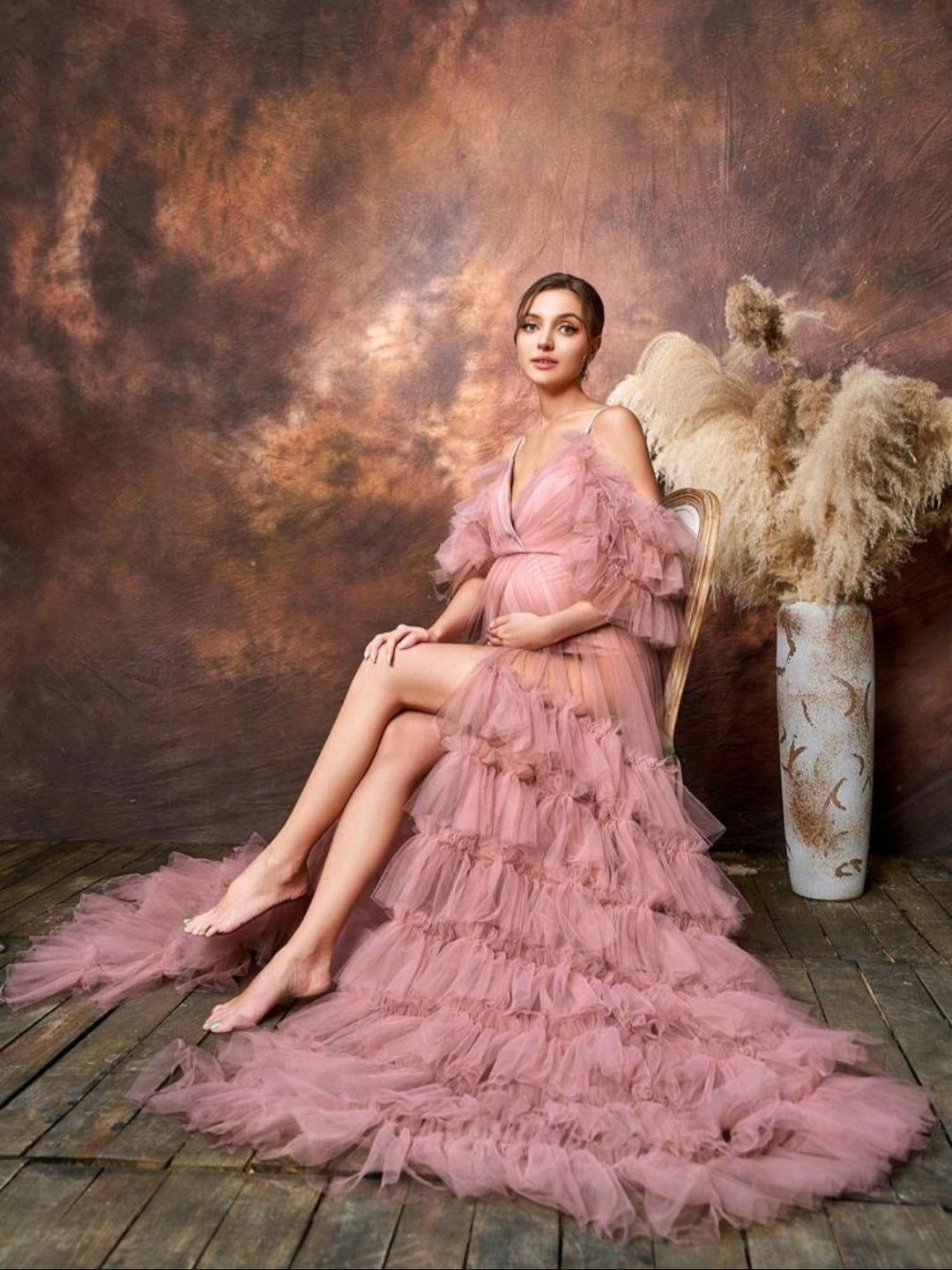 Maternity Cold Shoulder Ruffle Trim Mesh Dress