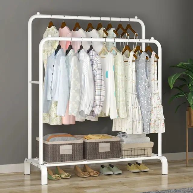 Straight Double Clothes Rack with 2 Bottom Shelf Storage Organizer 