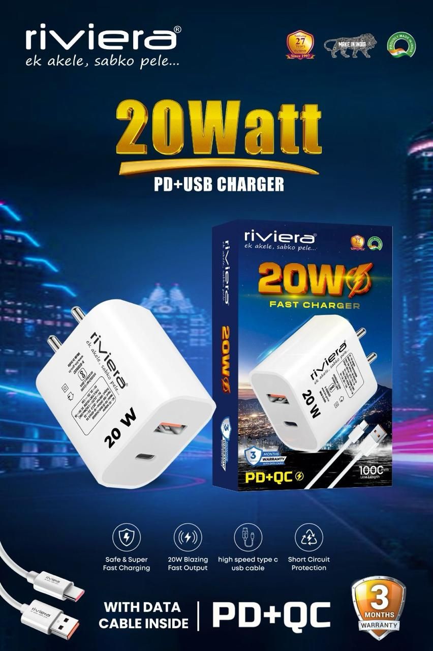 Riviera 20W QC + PD Charger With 1 Year Limited Warranty