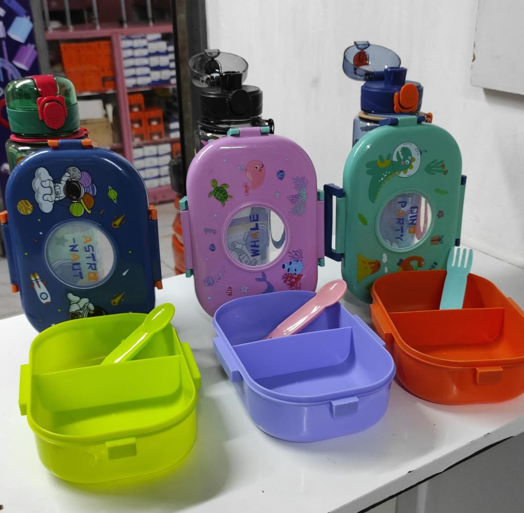 Combo Kids Space/dino cartoon  themed partitioned Snack box with unbreakable water bottle