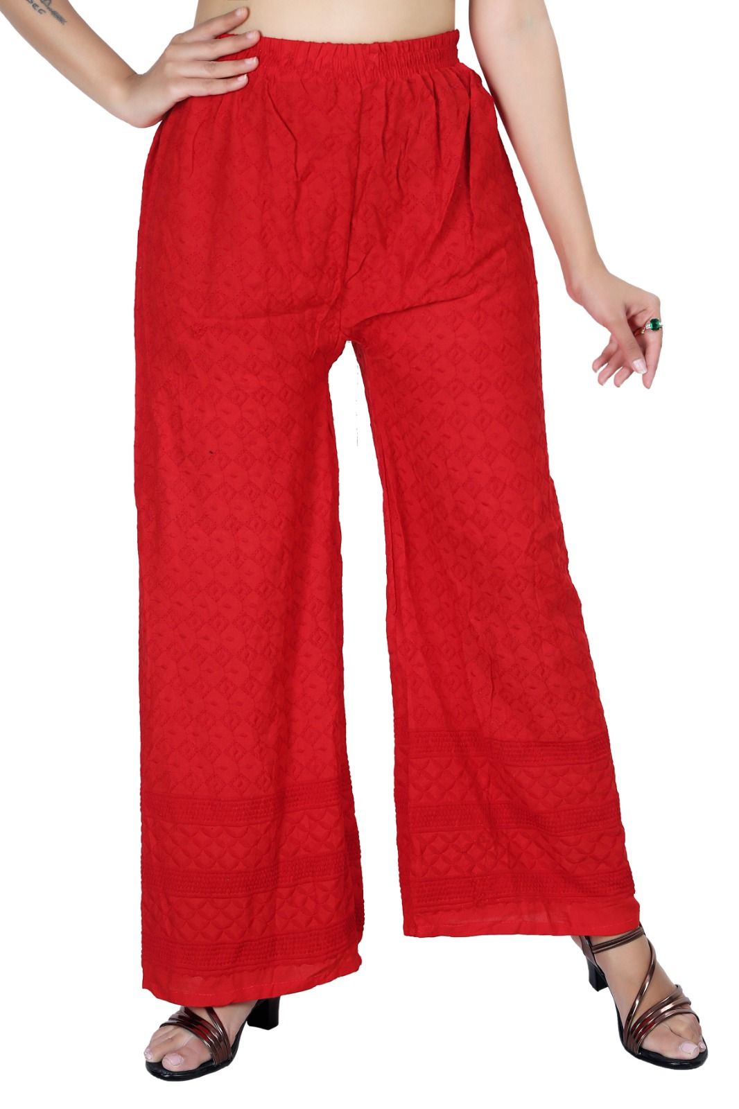 Women's Cotton Embroidered Palazzo Pants - Set of 2 (Red and Pink)