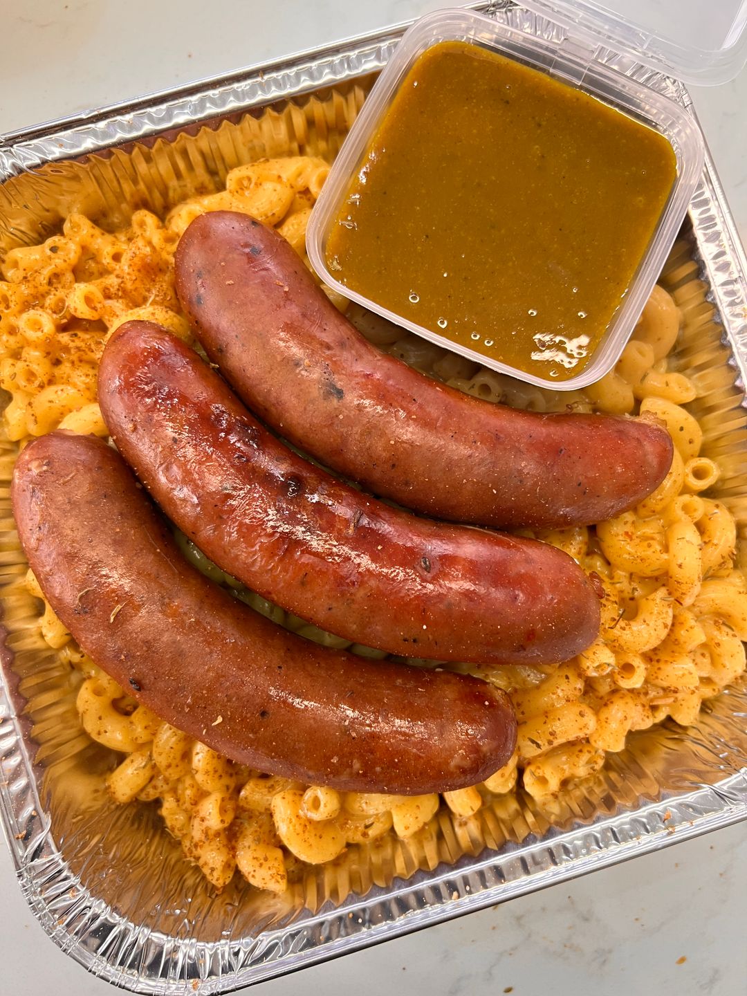 Beer Sausage Carolina Gold (Mustard BBQ Sauce) w/ Cajun Mac & Cheese