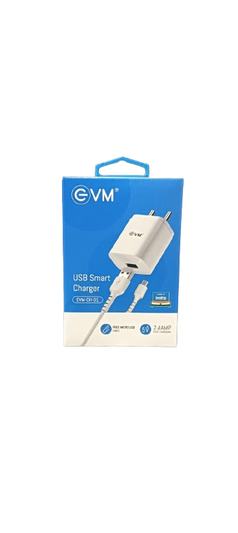 EVM CH-01 Single USB 2.4Amp. Charger with Micro USB Cable