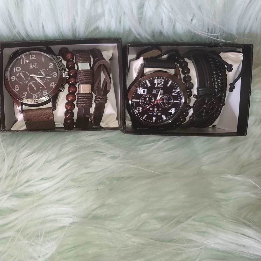 Leather Band Watch & 3 pc Bracelet 