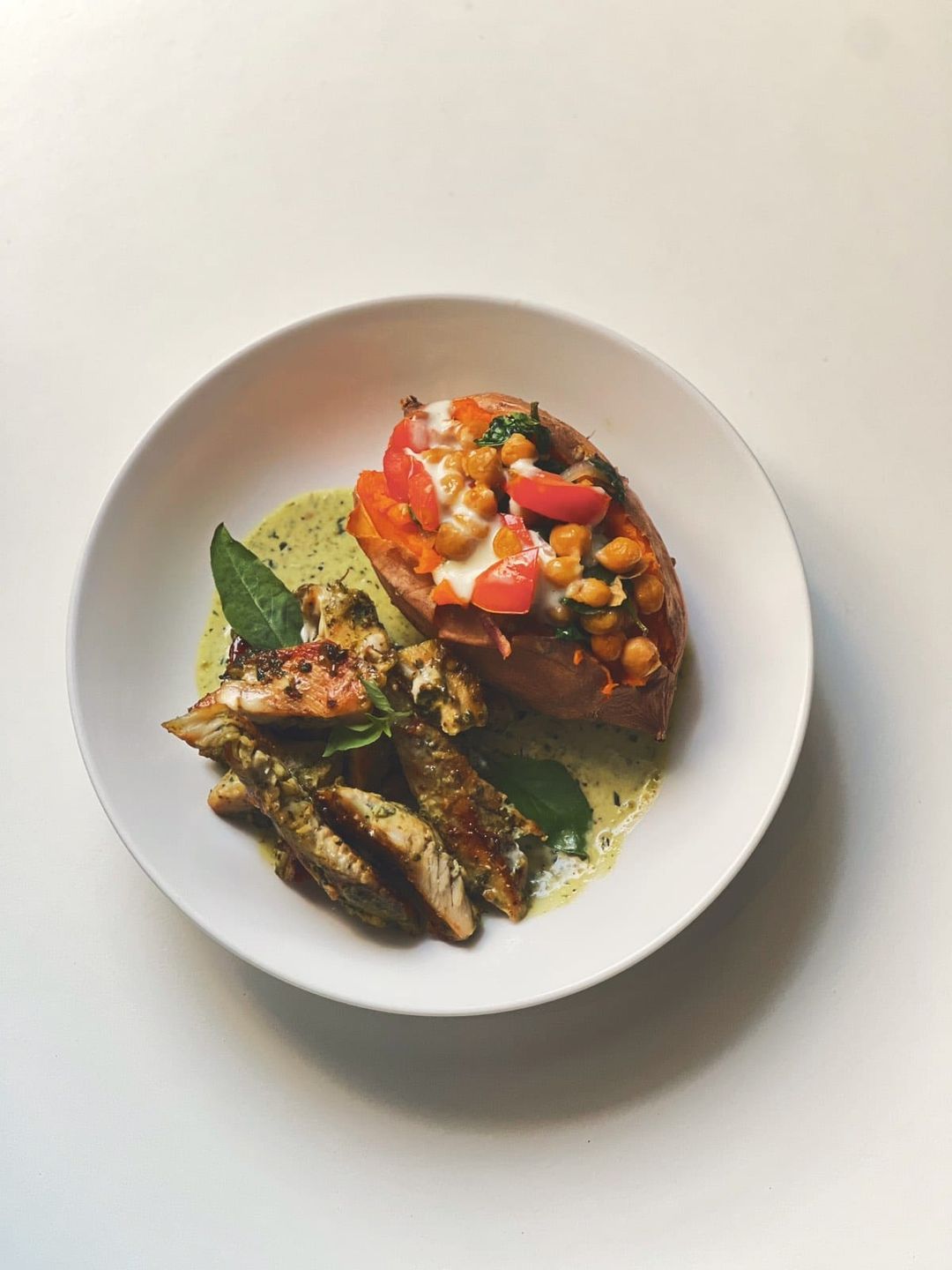 PESTO CHICKEN WITH STUFFED SWEET POTATOE