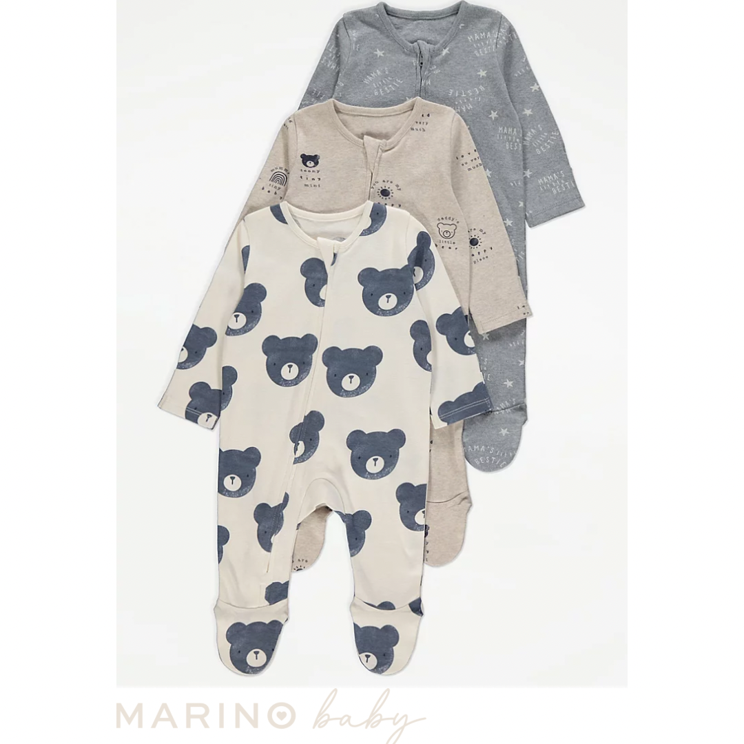 Bear Zip Fasten Sleepsuits 3 Pack, Size: 9-12 months