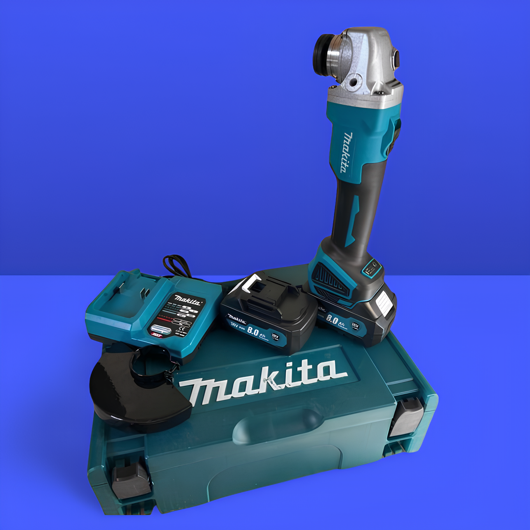 Комплект ъглощлайф Makita: 2 броя 24V/5Ah батерии, зарядно устройство и удобен куфар за съхранение.