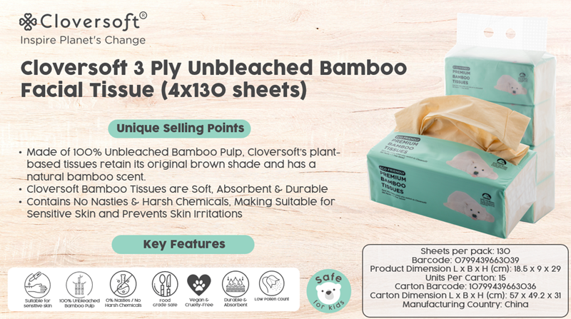 Cloversoft 3 Ply Unbleached Bamboo Facial Tissue (4 x 130 sheets)