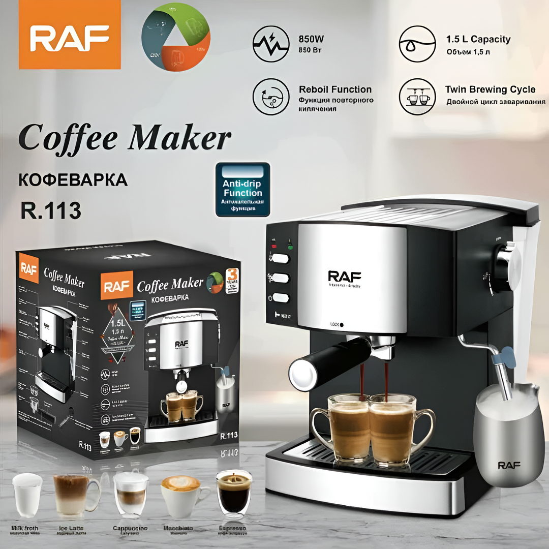 RAF Espresso Coffee Maker 850W Strong Power 1.6L Cafe Machine Steam Foaming Machine R113