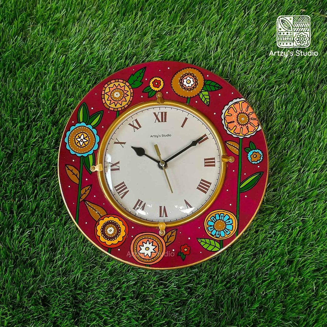 Floral Design with Gold Small Wall Clock