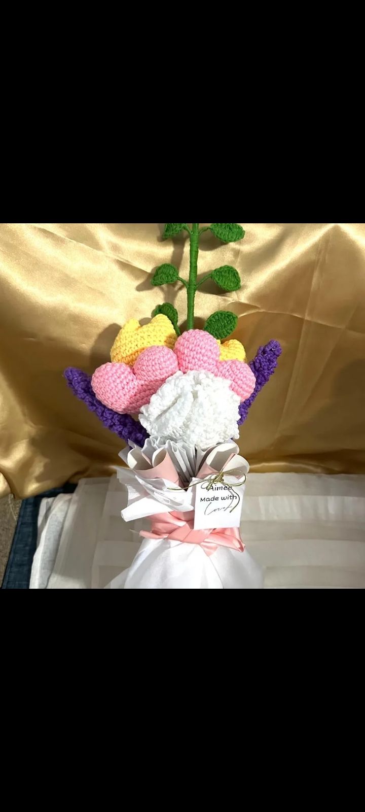 Crochet flower bouquet including 2 heart, 2 tulips, 2 lavenders, 1 carnation and a leaf branch