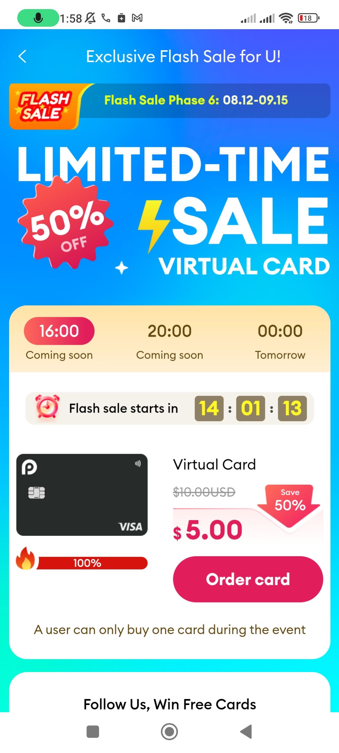 Virtual card non reloadable