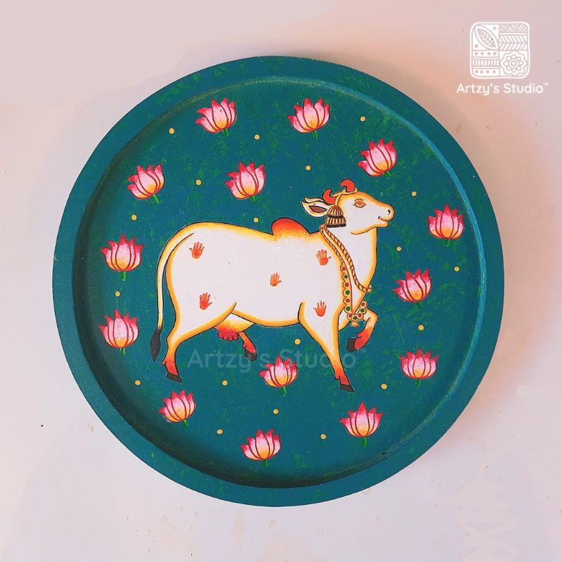 Medium Round peacock color with cow and lotus Wooden Plate